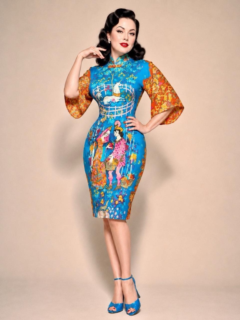 Vintage 50s 60s Last Unicorn 🌈 BARKCLOTH Qipao psychedelic kimono TIKI HAWAIIAN